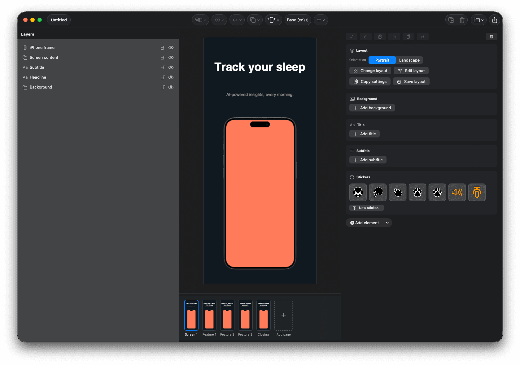 AppKraft editor showing a sleep tracker template being designed