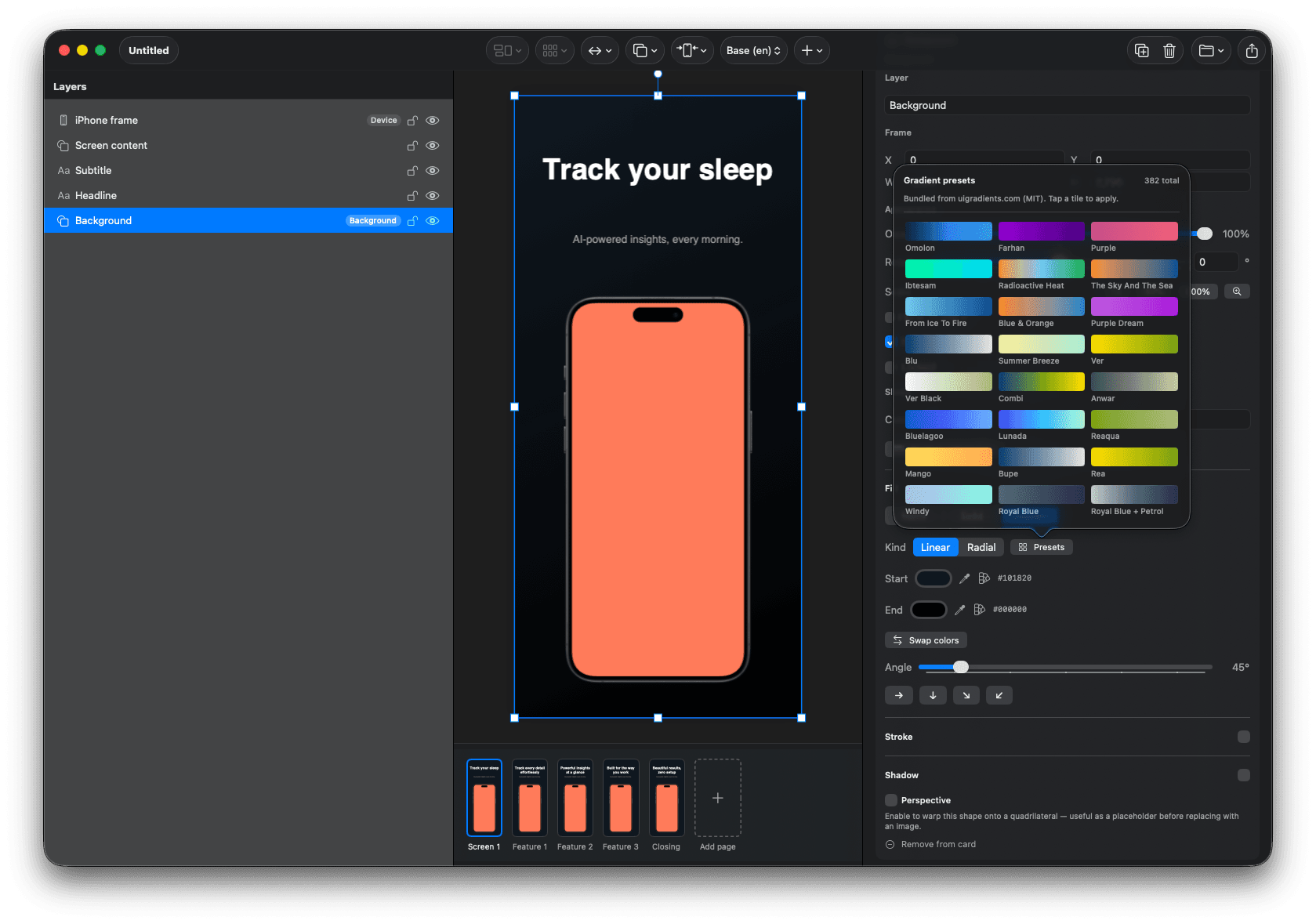 Background panel with gradient presets and direction controls