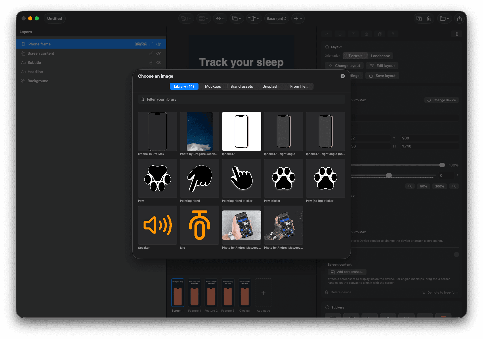 Image picker showing the bundled mockups, brand assets, and Unsplash tabs