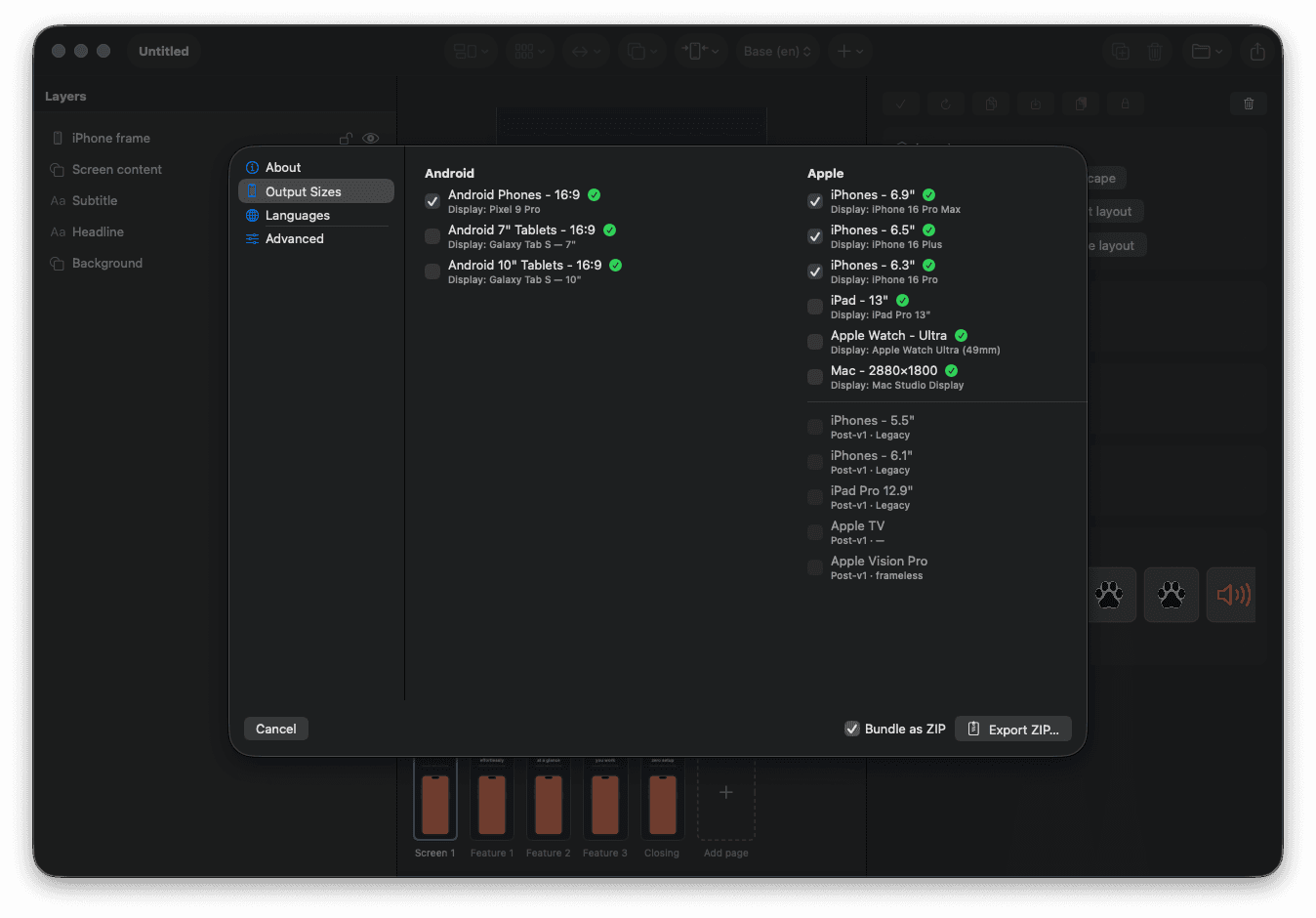 Output sizes panel listing every supported Apple and Android device