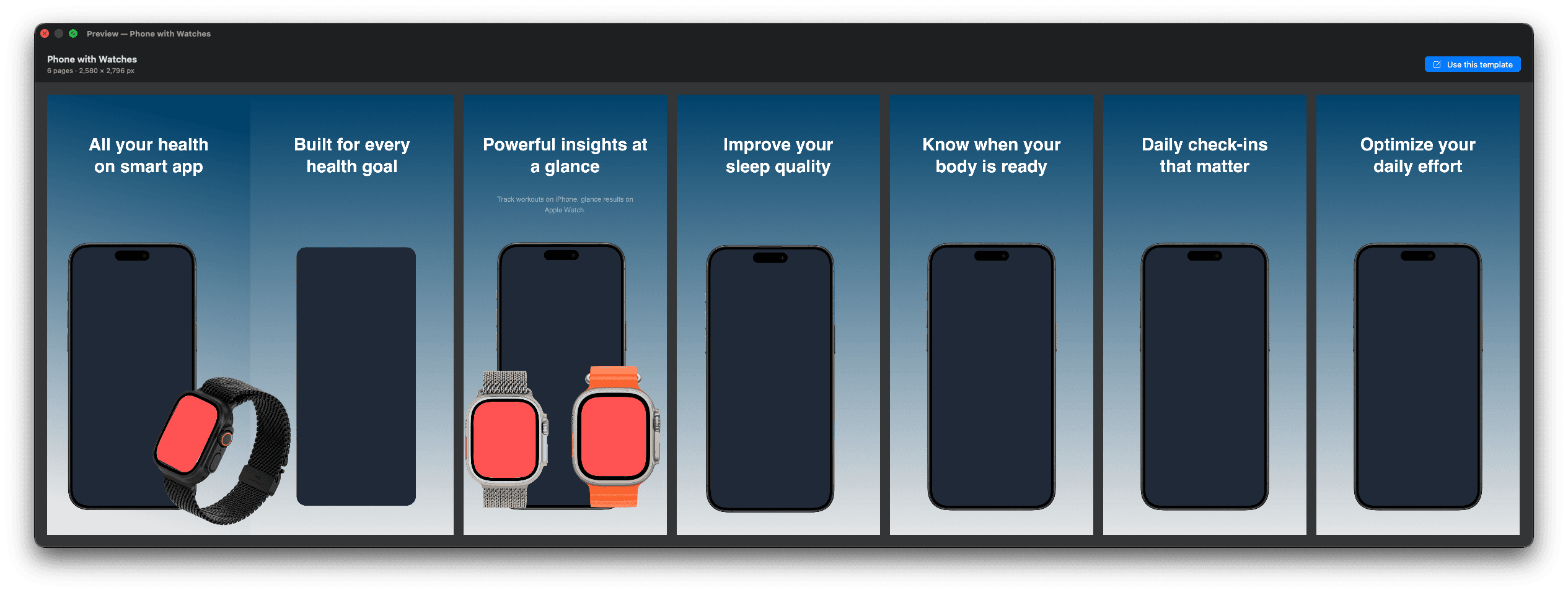 Multi-screen preview strip showing seven phone screens with headlines
