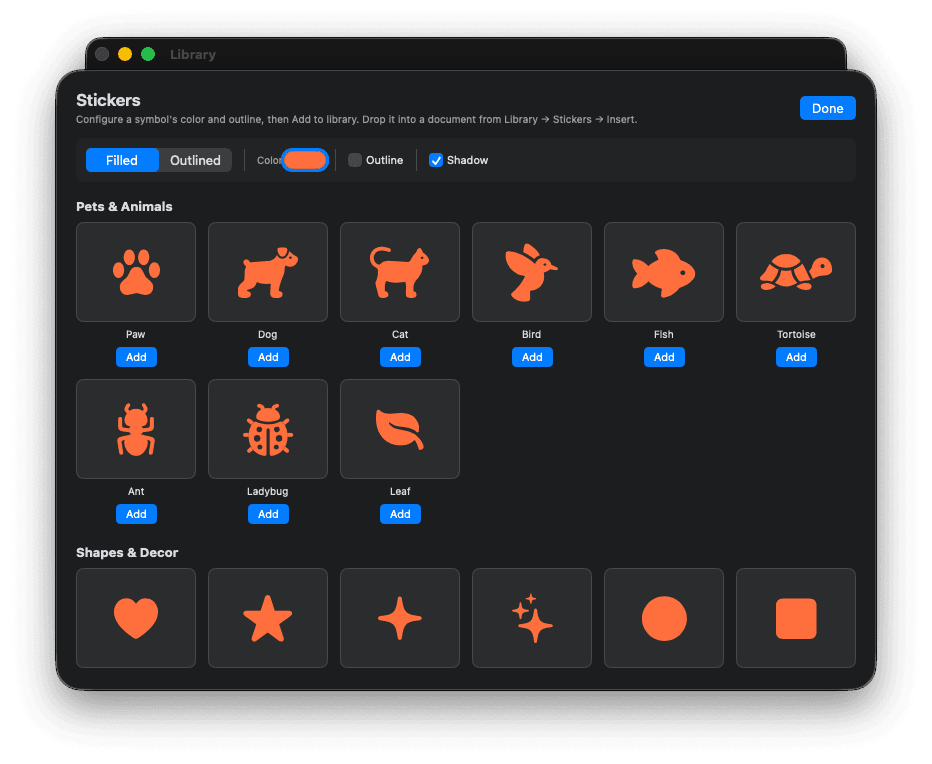 Sticker picker showing pets, shapes, and decor categories