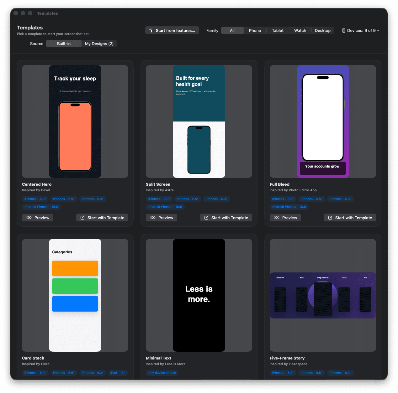 Templates gallery showing built-in and user-saved designs